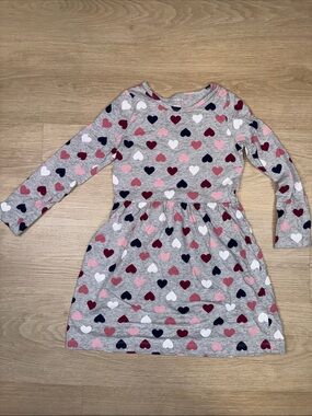 Carter's Grey Long-Sleeve Dress with Pink, Red, White & Navy Hearts